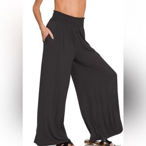 SMOCKED WAIST WIDE LEG PALAZZO PANTS|BLACK